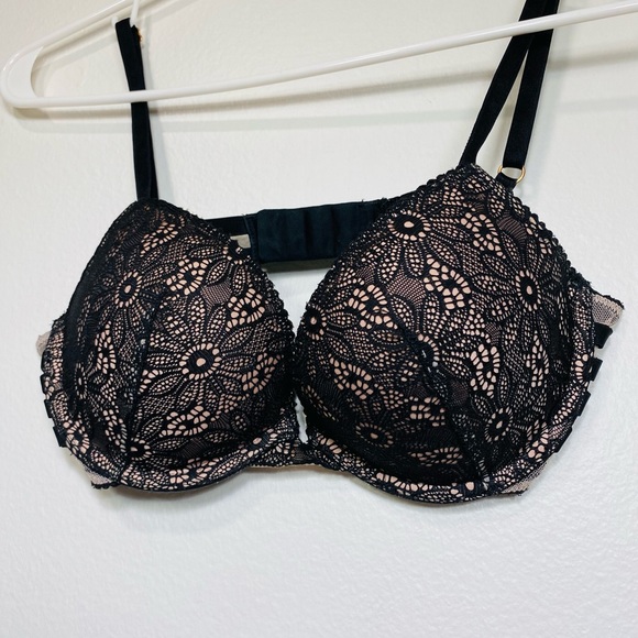 VICTORIA'S SECRET VERY SEXY PUSH UP PADDED BRA 32C/C70 BLACK BEIGE LACE - Picture 4 of 8